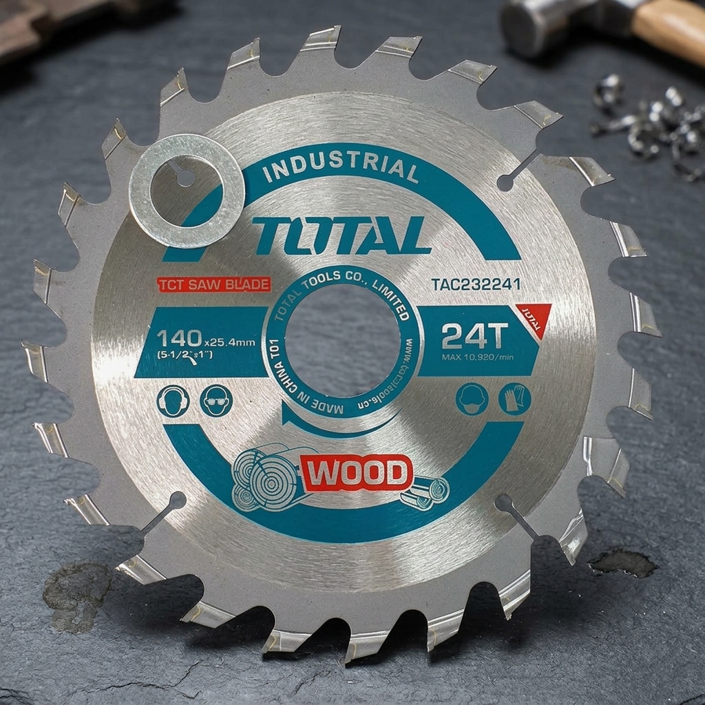 Hình ảnh Lưỡi cưa gỗ 24 răng Total TAC232241 140mm có 24 răng hợp kim TCT, đường kính 140mm và lỗ 25.4mm. Lưỡi cưa Total TAC232241 giúp cắt gỗ, ván MDF, HDF và plywood nhanh chóng, đường cắt chính xác, ít sứt mẻ, phù hợp cho thợ mộc, xưởng nội thất và người dùng DIY chuyên nghiệp.