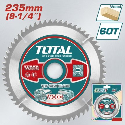 Lưỡi cưa gỗ TCT 235mm - 60T Total TAC231623 chính hãng với 60 răng hợp kim Tungsten Carbide (TCT) siêu bền, chuyên cắt gỗ tự nhiên, MDF, plywood và gỗ công nghiệp. Thiết kế răng cưa sắc bén giúp tạo đường cắt mịn, chính xác, hạn chế sứt mẻ vật liệu và nâng cao hiệu suất làm việc cho thợ mộc chuyên nghiệp.