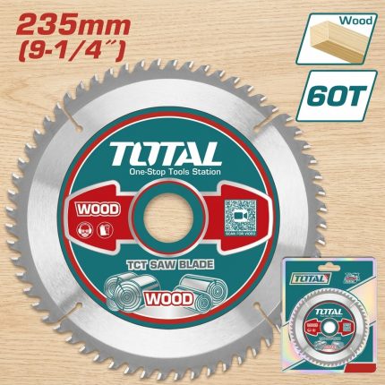 Lưỡi cưa gỗ TCT 235mm - 60T Total TAC231623 chính hãng với 60 răng hợp kim Tungsten Carbide (TCT) siêu bền, chuyên cắt gỗ tự nhiên, MDF, plywood và gỗ công nghiệp. Thiết kế răng cưa sắc bén giúp tạo đường cắt mịn, chính xác, hạn chế sứt mẻ vật liệu và nâng cao hiệu suất làm việc cho thợ mộc chuyên nghiệp.