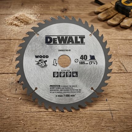 Hình ảnh lưỡi cưa gỗ TCT Dewalt DWA03740-B1 185x25.4mm, đường kính 185mm, lỗ 25.4mm, 40 răng TCT, thích hợp cho cưa bàn và cưa tay. Lưỡi cưa Dewalt DWA03740-B1 chất lượng cao, cắt gỗ mịn, chính xác và bền lâu, lý tưởng cho thợ mộc và DIY.