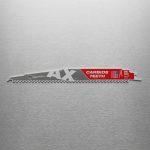 Hình ảnh mô tả Lưỡi cưa kiếm gỗ Milwaukee AX Carbide T5-150.24mm (1 chiếc) chất lượng cao, phù hợp cắt gỗ, gỗ tẩm, gỗ có đinh và vật liệu gỗ công nghiệp. Răng carbide giúp đường cắt mượt, chính xác, giảm rung, tăng tuổi thọ và hiệu quả làm việc. Thích hợp sử dụng với máy cưa kiếm cầm tay tiêu chuẩn T5.