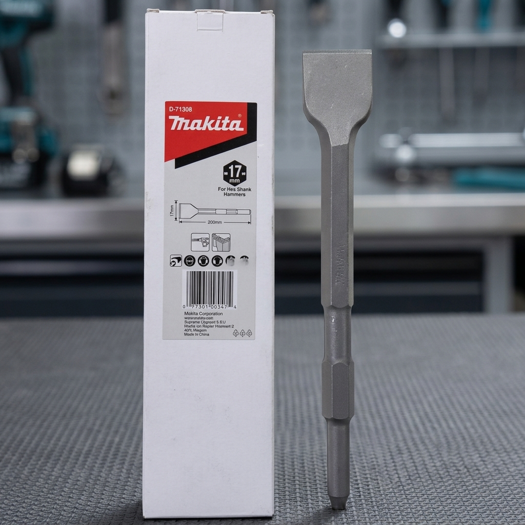 Mũi đục dẹp 40x255mm chuôi lục giác Makita D-71308 chính hãng được chế tạo từ thép hợp kim chất lượng cao với lưỡi đục rộng 40mm và chiều dài 255mm, mang lại khả năng chịu va đập lớn, chống mài mòn và duy trì hiệu suất đục phá ổn định. Sản phẩm sử dụng chuôi lục giác 17mm tiêu chuẩn giúp tương thích với nhiều dòng máy đục công suất lớn, phù hợp cho công việc đục phá bê tông, bóc tách gạch đá, cải tạo công trình và bảo trì công nghiệp chuyên nghiệp.
