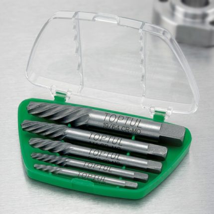 Mũi khoan lấy ốc gãy 5 món Toptul JGAW0502 gồm 5 đầu tháo bu lông, vít và ốc gãy chuyên dụng được đựng trong hộp nhựa tiện lợi, chế tạo từ thép hợp kim chất lượng cao, giúp tháo các chi tiết ren bị gãy, kẹt hoặc hư hỏng một cách nhanh chóng và an toàn trong sửa chữa cơ khí, ô tô và bảo trì thiết bị.