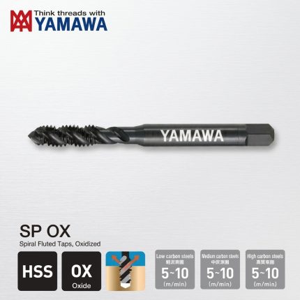 Mũi taro xoắn M30x3.5mm YAMAWA SP OX P4 SPS030TX chính hãng Nhật Bản, chế tạo từ thép gió HSS phủ OX Oxide chống mài mòn, thiết kế rãnh xoắn tối ưu thoát phoi, phù hợp gia công ren lỗ bít trên thép carbon, thép hợp kim và inox có độ chính xác cao trong ngành cơ khí chế tạo.