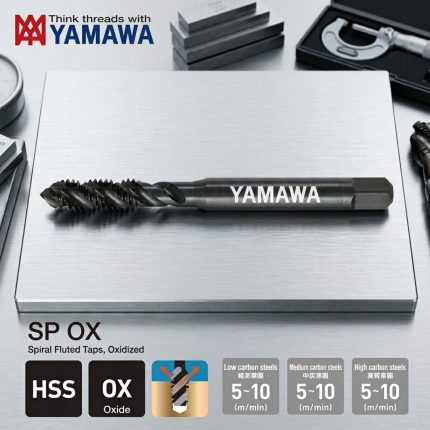 Mũi taro xoắn M30x3.5mm YAMAWA SP OX P4 SPS030TX chính hãng Nhật Bản, chế tạo từ thép gió HSS phủ OX Oxide chống mài mòn, thiết kế rãnh xoắn tối ưu thoát phoi, phù hợp gia công ren lỗ bít trên thép carbon, thép hợp kim và inox có độ chính xác cao trong ngành cơ khí chế tạo.