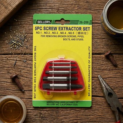 Hình ảnh Ta rô nhể ốc gẫy Sellery 26-208 chính hãng bao gồm 5 đầu tháo ốc gãy chuyên dụng được đóng gói trong vỉ nhựa tiện lợi. Sản phẩm được chế tạo từ thép hợp kim cường lực có độ cứng cao, giúp tháo hiệu quả các loại bu lông, ốc vít, ty ren và đầu nối bị gãy, kẹt hoặc oxy hóa lâu ngày mà không làm hư hỏng ren chi tiết xung quanh. Ta rô nhể ốc gẫy Sellery 26-208 là giải pháp lý tưởng cho gara ô tô, xưởng cơ khí, đơn vị bảo trì thiết bị công nghiệp và kỹ thuật viên sửa chữa chuyên nghiệp, góp phần tiết kiệm thời gian, chi phí sửa chữa và nâng cao hiệu suất làm việc.