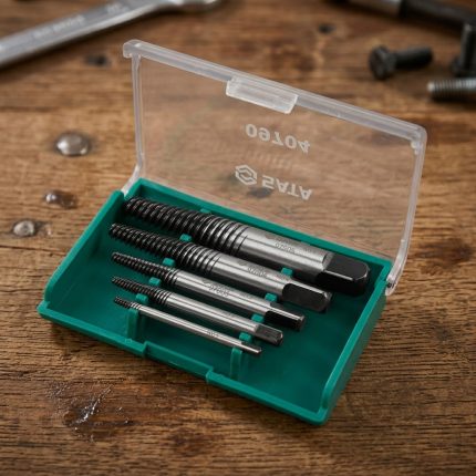 Ta rô nhổ ốc gãy 5 chi tiết SATA 09704 gồm 5 đầu tháo bu lông gãy kích thước khác nhau, đựng trong hộp nhựa màu xanh tiện lợi, chuyên dùng lấy ốc vít bị gãy, trờn ren và kẹt cứng trong sửa chữa cơ khí, ô tô và bảo trì thiết bị công nghiệp.