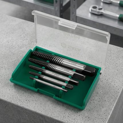 Ta rô nhổ ốc gãy 5 chi tiết SATA 09704 gồm 5 đầu tháo bu lông gãy kích thước khác nhau, đựng trong hộp nhựa màu xanh tiện lợi, chuyên dùng lấy ốc vít bị gãy, trờn ren và kẹt cứng trong sửa chữa cơ khí, ô tô và bảo trì thiết bị công nghiệp.