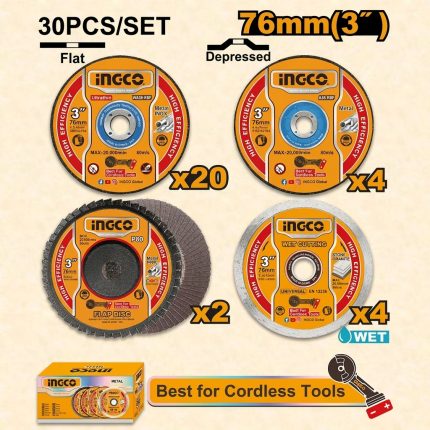 Hình ảnh Bộ 30 đá cắt, đá mài và nhám xếp 76mm(3") Ingco MCD07630 chính hãng, bao gồm đầy đủ các loại đĩa cắt, nhám xếp và đá mài, phù hợp cho gia công kim loại, gỗ, đá và nhựa. Bộ sản phẩm đa năng, giúp mài, cắt, đánh bóng và hoàn thiện bề mặt hiệu quả, đi kèm hộp đựng tiện lợi, bảo quản dễ dàng.