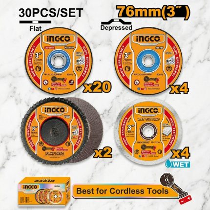 Hình ảnh Bộ 30 đá cắt, đá mài và nhám xếp 76mm(3") Ingco MCD07630 chính hãng, bao gồm đầy đủ các loại đĩa cắt, nhám xếp và đá mài, phù hợp cho gia công kim loại, gỗ, đá và nhựa. Bộ sản phẩm đa năng, giúp mài, cắt, đánh bóng và hoàn thiện bề mặt hiệu quả, đi kèm hộp đựng tiện lợi, bảo quản dễ dàng.