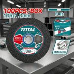 Bộ 100 đĩa cắt kim loại 105mm Total TAC210105100 chính hãng với thiết kế mỏng, cắt nhanh, đường cắt sắc gọn và độ bền cao. Sản phẩm phù hợp cho máy mài góc 100mm, chuyên dùng cắt sắt, thép, inox trong cơ khí, xây dựng và sản xuất công nghiệp. Hộp 100 viên giúp tiết kiệm chi phí và nâng cao hiệu quả làm việc.