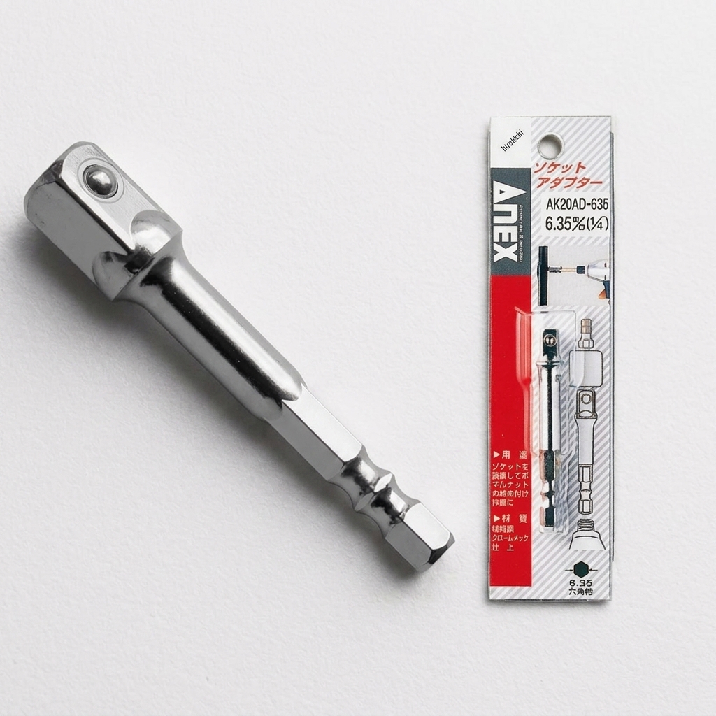 Đầu vít chuyển chuôi lục giác sang bu lông 3/8" Anex Japan AK20AD-952 là phụ kiện chuyển đổi chuyên dụng giúp kết nối máy bắt vít hoặc máy khoan chuôi lục giác 1/4 inch với đầu khẩu vuông 3/8 inch. Sản phẩm có thiết kế chắc chắn, nhỏ gọn, hỗ trợ truyền lực ổn định khi tháo lắp bu lông và đai ốc trong các công việc cơ khí, sửa chữa, bảo trì máy móc và lắp ráp thiết bị. Hình ảnh thể hiện rõ kiểu dáng và bao bì sản phẩm, giúp khách hàng dễ dàng nhận diện Đầu vít chuyển chuôi lục giác sang bu lông 3/8" Anex Japan AK20AD-952 chính hãng khi mua tại Công Nghiệp An Toàn.